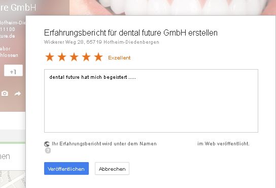 fünf Sterne Erfahrungsbericht für dental future - Dentallabor zwischen Wiesbaden und Frankfurt